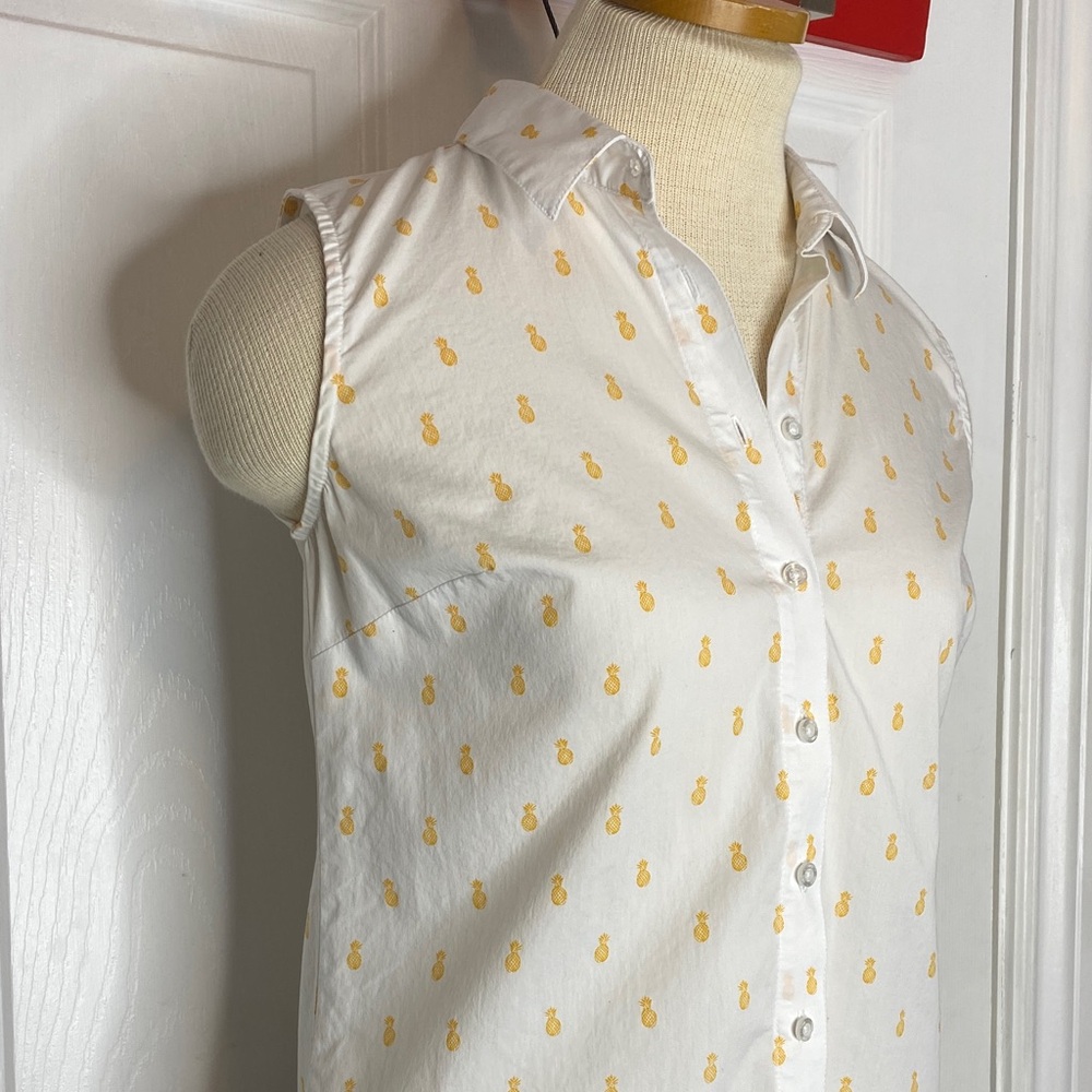 Twik White Yellow Pineapple Print Sleeveless Button Front Shirt Summer P/S - Picture 3 of 15